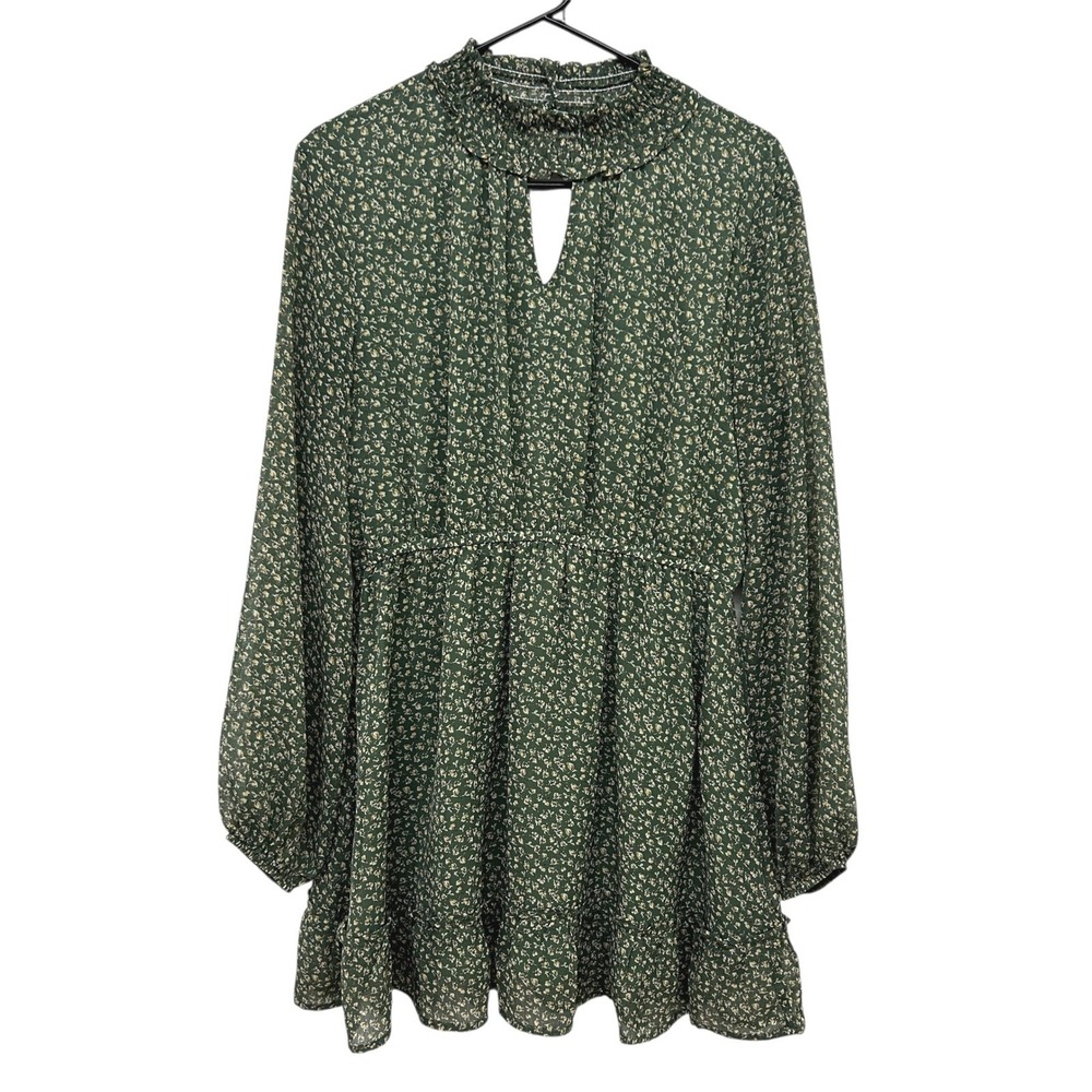 Cottagecore Ditsy Floral Mini Dress L Green Puff Long Sleeve Romantic‎ Wesern